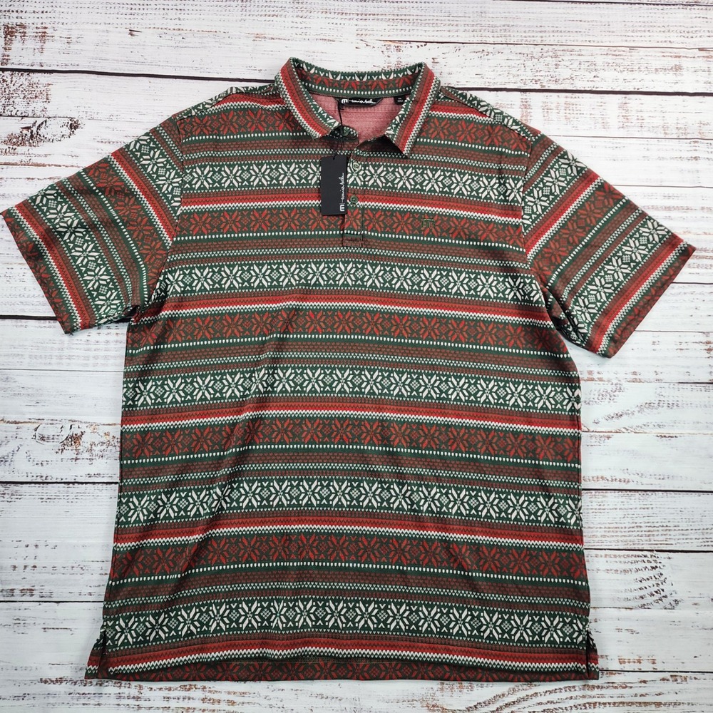 NWT TravisMathew Old Max Golf Polo Shirt Men's 2XL Green Fair Isle Christmas